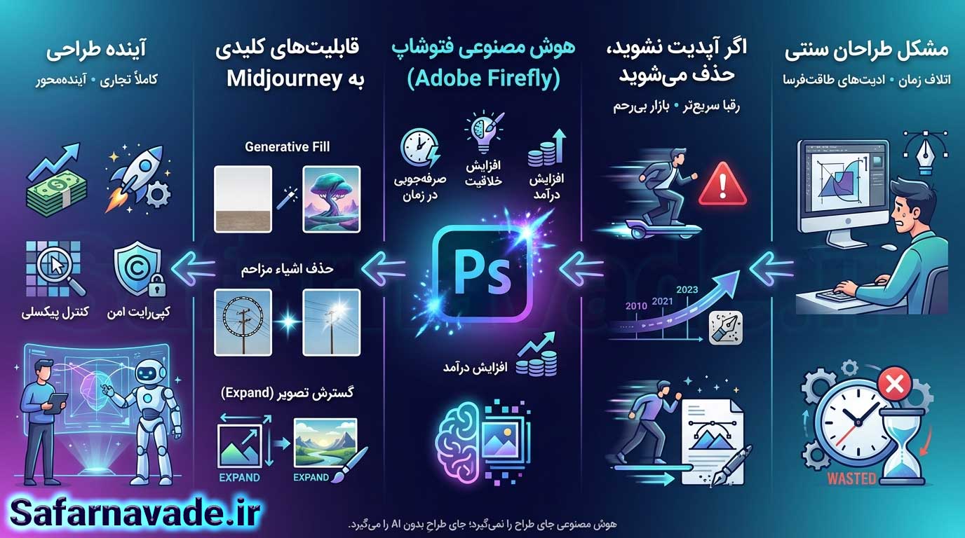 اینفوگرافیک آموزش طراحی تصویر با هوش مصنوعی فتوشاپ Adobe firefly AI