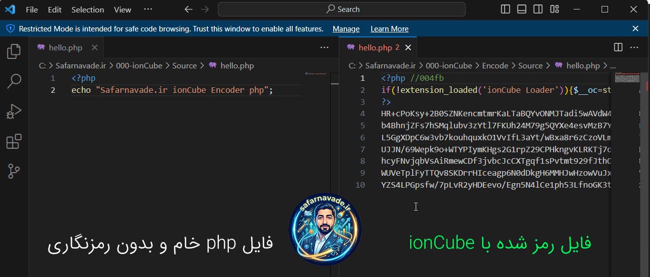 مقایسه سورس کد php قبل و بعد از حفاظت با ioncube encoder